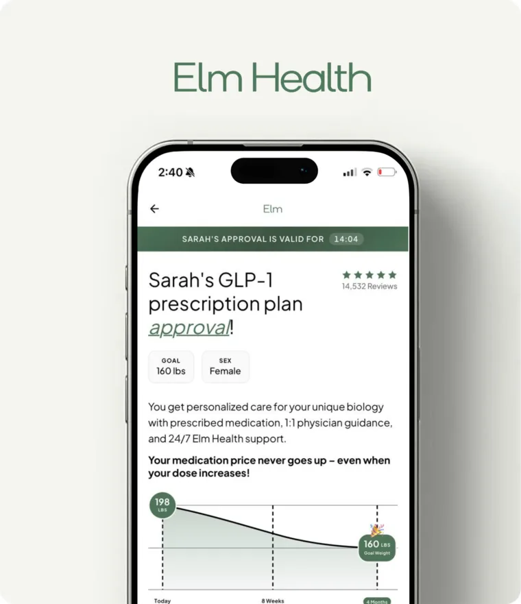 iPhone with intake form screen, Elm Health logo above